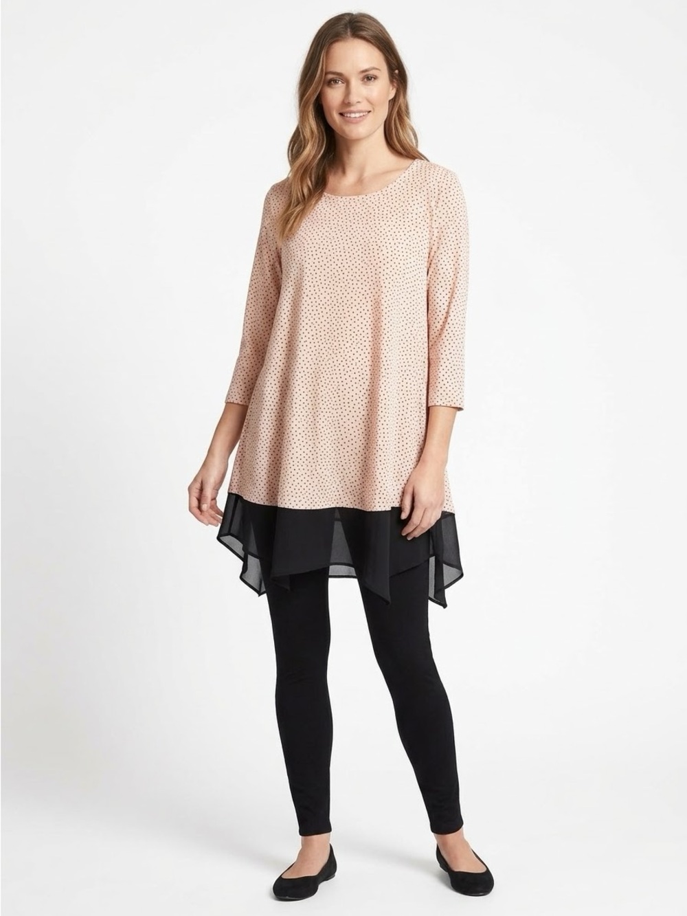 Adrianna Papell Blush Pink Polka Heart Dots Tunic with Black Layered Hem